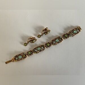 Vintage signed ART bracelet & clip earrings green/blue moonstone enamel flowers
